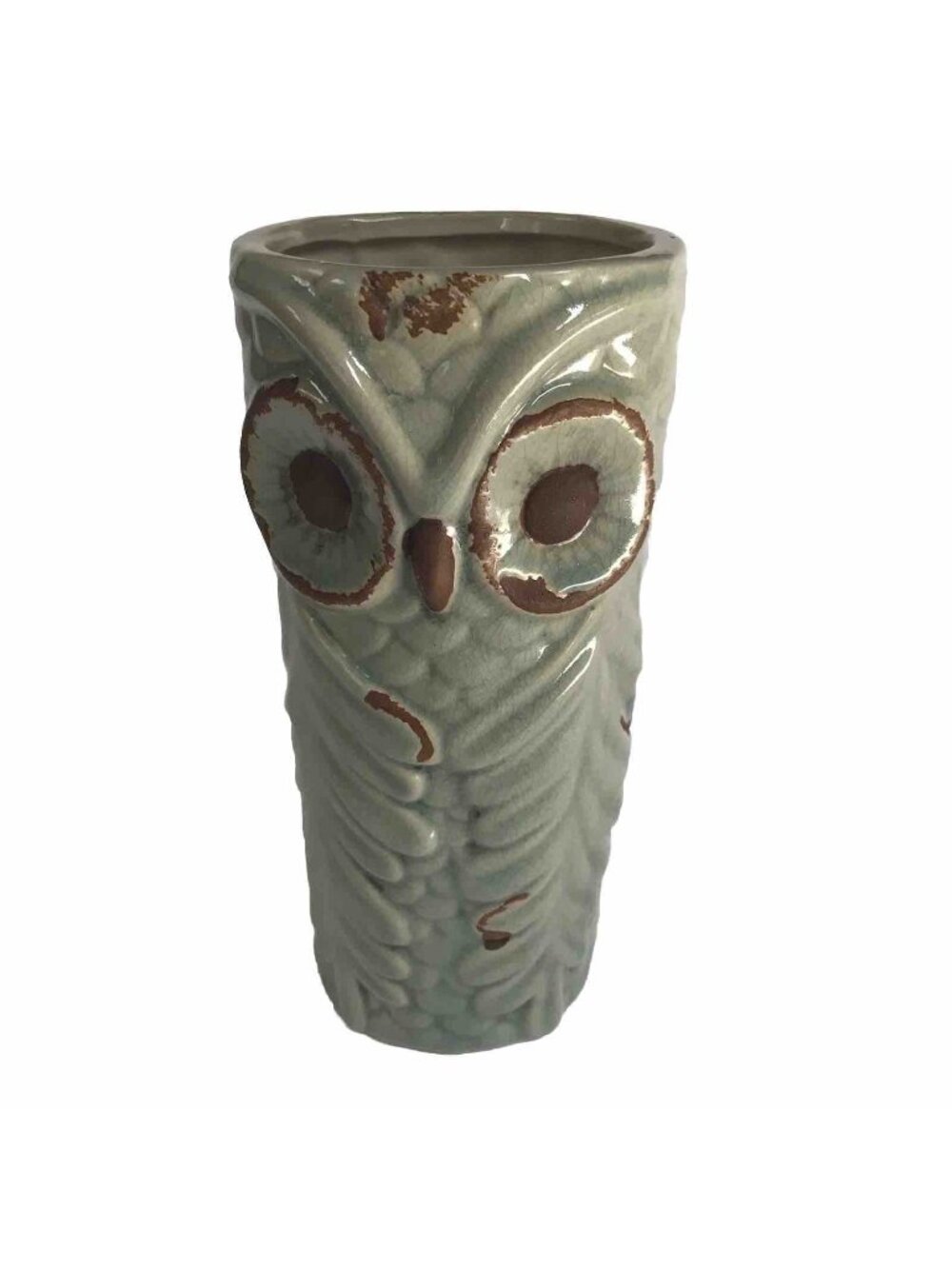 Owl Pottery Vase Ceramic Blue Brown Art Coastal Fall Decor Cottage Farmhouse VTG